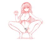  anal anal_object_insertion bottomless bra breasts censored covered_nipples dildo full_body hair_between_eyes hand_on_own_knee hanyuu higurashi_no_naku_koro_ni horns large_breasts light_smile long_hair monochrome motion_blur no_panties object_insertion older pussy solo spread_legs squatting the_golden_smurf underwear 