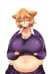  :o big_belly bnc_(bunshi) borrowed_character breasts collarbone collared_shirt expressionless fat fuchibeppu_chiyuri hair_flaps half-closed_eyes highres huge_breasts looking_at_viewer midriff navel original parted_lips plump shirt short_hair sleeves_past_wrists solo sweater undersized_clothes yellow_eyes 