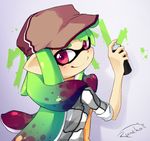  alternate_hairstyle artist_name baseball_cap blush checkered checkered_shirt commentary domino_mask green_hair hat inkling long_hair long_sleeves looking_at_viewer looking_back mask pointy_ears purple_eyes runeko shirt signature smile solo splatoon_(series) splatoon_1 spray_paint standing star star-shaped_pupils symbol-shaped_pupils tentacle_hair upper_body 