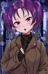  1girl bangs blurry blurry_background blush bow brown_coat brown_sweater chestnut_mouth coat depth_of_field duffel_coat earrings eyebrows_visible_through_hair gradient_hair hair_bow hand_up head_tilt highres jewelry kazuno_leah long_sleeves love_live! love_live!_sunshine!! multicolored_hair parted_bangs parted_lips purple_bow purple_eyes purple_hair ribbed_sweater round_teeth sleeves_past_wrists solo sweater teeth tem10 twintails upper_body upper_teeth 