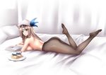  aircraft airplane bangs black_legwear blonde_hair blue_eyes book breasts closed_mouth curtains food hair_ornament hat highres l.sy large_breasts legs_up lexington_(zhan_jian_shao_nyu) light_brown_hair long_hair lying no_panties no_pants no_shoes on_bed on_stomach open_book pantyhose pillow plate smile solo sweets topless very_long_hair zhan_jian_shao_nyu 