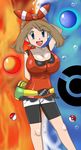  :d abstract_background arm_behind_back arm_behind_head belt bike_shorts bike_shorts_under_shorts blue_eyes breasts brown_hair cellshadfan cleavage fanny_pack hair_ribbon haruka_(pokemon) highres huge_breasts legs looking_at_viewer open_mouth poke_ball pokemon pokemon_(game) pokemon_oras ribbon shorts sleeveless smile solo tank_top thighs 