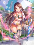  belt boots breasts brown_eyes brown_hair cleavage elbow_gloves fence gloves leg_up long_hair looking_at_viewer medium_breasts midriff navel official_art orange_pants over_shoulder race_queen shina_shina shorts solo tenka_touitsu_chronicle thighhighs umbrella white_gloves 