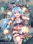  arm_belt backpack bag belt belt_pouch blue_eyes blue_hair breasts cleavage copyright crying duplicate gloves grey_gloves hair_ornament headpiece lantern leg_belt long_hair medium_breasts midriff mummy navel official_art open_mouth paper_lantern pouch red_eyes ruins running shina_shina shorts solo_focus stairs tenka_touitsu_chronicle thigh_strap very_long_hair 