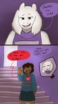  ! &lt;3 ? anthro caprine clothing comic creepykitty413 dialogue digital_media_(artwork) english_text female fur goat human mammal mother open_mouth parent protagonist_(undertale) smile son speech_bubble text toriel undertale video_games waving white_fur 