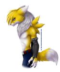  alpha_channel anthro belt black_nose black_sclera blue_eyes buckle canine clothed clothing digimon fan_character fox fur gloves hair half-dressed male mammal mane ookaminotsubasa pants renamon renomon simple_background solo spikes standing studs topless transparent_background white_fur yellow_fur 