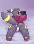  after_sex anger_vein annoyed anthro anthrofied balls bandage barefoot bed bottomless clothed clothing cub cum cum_from_ass cum_in_ass cum_inside cum_on_balls cute_fangs eeveelution gaming half-dressed hoodie lambent leaking looking_at_viewer looking_back lying male mammal nintendo on_bed on_front open_mouth pawpads perineum perspective playing_videogame pok&eacute;mon raised_tail rear_view solo thick_thighs umbreon video_games wii_u young 