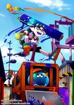 1girl arm_support bike_shorts blue_eyes blue_hair burst_bomb_(splatoon) clementine_lanark cloud cloudy_sky commentary day domino_mask fangs goggles goggles_on_head headphones highres holding ink_tank_(splatoon) inkling jellyfish jellyfish_(splatoon) jumping laser_sight layered_clothing long_hair long_sleeves mask open_mouth orange_hair oversized_object paint_roller paint_splatter pointy_ears shirt shoes short_hair short_over_long_sleeves short_sleeves sky sneakers splat_charger_(splatoon) splat_roller_(splatoon) splatoon_(series) splatoon_1 sprinkler sprinkler_(splatoon) standing super_soaker tamarinfrog tentacle_hair topknot water_balloon watermark weapon web_address whinter_castello 