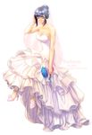  aken artist_name bare_shoulders black_hair bouquet breasts bridal_veil character_name cleavage closed_eyes dress flower full_body hair_bun hand_on_own_head high_heels highres medium_breasts narberal_gamma overlord_(maruyama) simple_background sitting sleeveless sleeveless_dress solo veil watermark web_address wedding_dress white_background 