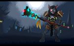  2015 anthro armor black_eyes black_fur black_hair breasts canine claws cleavage clothed clothing detailed_background digital_media_(artwork) eyebrows eyelashes feathers female fur grin hair lexxs lonbluewolf looking_at_viewer mammal moon outside solo spikes staff video_games wallpaper warcraft were werewolf worgen world_of_warcraft yellow_sclera 