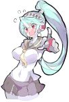  1girl android aqua_hair blue_hair blush enpe headphones highres labrys long_hair looking_at_viewer persona persona_4:_the_ultimate_in_mayonaka_arena pleated_skirt ponytail red_eyes robot_joints school_uniform short_hair skirt solo 