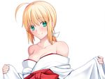  ahoge aqua_eyes artoria_pendragon_(all) bare_shoulders blonde_hair blush branch fate/stay_night fate_(series) japanese_clothes kimono long_hair off_shoulder saber skylader smile snow solo window winter 