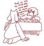  bed caprine clothing comic dialogue duo english_text female goat hair human kneeling male mammal monochrome mother open_mouth parent pillow protagonist_(undertale) simple_background son text tired-fandom-trash toriel undertale video_games white_background 