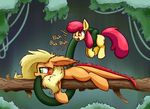  2016 apple_bloom_(mlp) applejack_(mlp) blonde_hair consentacles cutie_mark duo earth_pony equine female feral freckles friendship_is_magic fur green_eyes hair heir-of-rick horse long_hair lying mammal my_little_pony on_front orange_fur outside pony sibling sisters tatzljack tentacle_tongue tentacles young 
