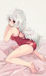  ass bed_sheet feathered_wings from_behind highres kishin_sagume red_eyes red_swimsuit silver_hair simple_background single_wing solo swimsuit touhou waira white_background wings 