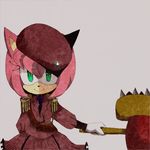  amy_rose anthro black_nose clothing dress female gem gloves green_eyes hair hammer hat hedgehog mammal pink_hair short_hair shoulder_pads simple_background smile solo sonic_(series) spikes tools uniform video_games weapon くま 