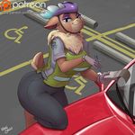  2016 anthro car cervine clothed clothing female gloves helmet kevinsano looking_at_viewer mammal outside patreon pen reindeer smile solo them&#039;s_fightin&#039;_herds vehicle velvet_reindeer_(tfh) 