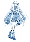  ankle_boots aoki_hagane_no_arpeggio bbb_(friskuser) blue boots buttons capelet commentary_request dress frilled_sleeves frills full_body hair_ornament hair_tubes hairband highres i-402_(aoki_hagane_no_arpeggio) kneehighs long_hair long_sleeves looking_at_viewer md5_mismatch monochrome sidelocks simple_background sleeves_past_wrists solo standing very_long_hair white_background 