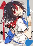  alza black_hair clenched_teeth directional_arrow grin horns kijin_seija multicolored_hair one_eye_closed pointing red_eyes red_hair sketch smile solo streaked_hair teeth touhou white_hair wrist_cuffs 