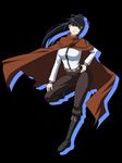  abu black_background black_eyes black_hair boots cape full_body hand_on_hip hand_on_own_thigh high_ponytail knee_boots long_hair narberal_gamma overlord_(maruyama) pants simple_background solo 