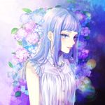  bangs blue_eyes blue_hair blunt_bangs earrings flower hydrangea jewelry long_hair looking_at_viewer ohagi_(ymnky) original sleeveless smile solo 