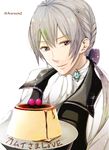  arerecle2 artist_name cherry fire_emblem fire_emblem_if food fruit grey_hair joker_(fire_emblem_if) long_hair low_ponytail male_focus pudding purple_eyes simple_background solo white_background 
