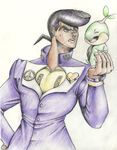  ambiguous_gender black_hair crossover duo eyes_closed frown hair hi_res human jojo&#039;s_bizarre_adventure josuke_higashikata male mammal mon311 nintendo pok&eacute;mon pompadour reptile scalie size_difference smile sweat sweatdrop traditional_media_(artwork) turtle turtwig video_games 