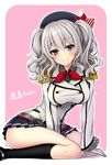  blue_eyes blush breasts character_name epaulettes gloves hat heart highres kantai_collection kashima_(kantai_collection) looking_at_viewer medium_breasts pink_background short_hair silver_hair sitting smile socks solo translated twintails uzu_hi wariza wavy_hair white_gloves 