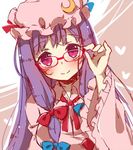  alza bespectacled blush bow crescent crescent_hair_ornament glasses hair_bow hair_ornament hat long_hair mob_cap patchouli_knowledge purple_eyes purple_hair red-framed_eyewear sketch solo touhou 