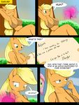  2016 anthro anthrofied apple applejack_(mlp) blonde_hair breasts cleavage clothed clothing comic dialogue earth_pony english_text equine eyes_closed female fluttershy_(mlp) food freckles friendship_is_magic fruit glowing green_eyes hair hi_res holding_(disambiguation) horse letter long_hair magic mammal my_little_pony outside paper pink_hair pony solo suirano text 