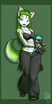  2010 anthro bra breasts canine clothed clothing digital_media_(artwork) female fur green_background green_fur green_hair green_theme hair kittydee long_hair looking_at_viewer mammal multicolored_fur navel simple_background smile solo standing two_tone_fur underwear white_fur 