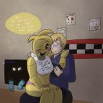  ... ? animatronics blush clothing creepykitty413 dialogue digital_media_(artwork) female five_nights_at_freddy&#039;s five_nights_at_freddy&#039;s_2 human jeremy_fitzgerald_(fnaf) male mammal on_lap open_mouth sitting_on_lap smile speech_bubble spying text toy_bonnie_(fnaf) toy_chica_(fnaf) underwear video_games 