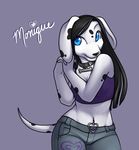  anthro black_hair canine clothed clothing collar english_text female hair kittydee mammal navel navel_piercing piercing simple_background smile solo standing text wide_hips 