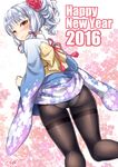  2016 ass blush bow brown_eyes brown_legwear clothes_lift fine_fabric_emphasis floral_background floral_print flower from_behind hair_flower hair_ornament hair_ribbon happy_new_year japanese_clothes kantai_collection kase_daiki kimono kimono_lift long_sleeves looking_at_viewer looking_back murakumo_(kantai_collection) new_year obi panties panties_under_pantyhose pantyhose ponytail ribbon sash short_hair signature silver_hair solo thighband_pantyhose underwear wavy_mouth white_panties wide_sleeves yellow_bow 
