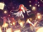  arm_up arms_at_sides bangs bare_shoulders barefoot black_dress blurry bokeh brown_eyes depth_of_field dress dutch_angle faceless floating lantern legs_apart long_hair looking_at_viewer mairieux_(vocaloid) multiple_girls night night_sky omutatsu original paper_lantern pointing pointing_up red_eyes red_hair short_hair silhouette sky sky_lantern soles solo_focus standing tears very_long_hair vocaloid wading water_drop 