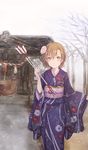  arrow brown_eyes brown_hair flower hair_flower hair_ornament japanese_clothes kazahana_yuu kimono misaka_mikoto short_hair shrine solo to_aru_kagaku_no_railgun to_aru_majutsu_no_index 