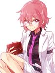  bespectacled glasses horikawa_raiko jacket necktie open_clothes open_jacket red_eyes red_hair shirt short_hair six_(fnrptal1010) solo touhou white_background 