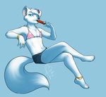  2010 anthro big_tail bikini blue_background blue_eyes bracelet canine clothed clothing crossdressing digital_media_(artwork) flower fluffy_tail food fur girly hair half-closed_eyes jewelry kittydee looking_at_viewer male mammal midriff navel open_mouth plant popsicle ring simple_background sitting solo swimsuit white_fur white_hair white_sclera 
