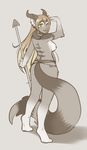  2013 anthro areola breasts clothed clothing digital_media_(artwork) ear_piercing feline female grey_background half-dressed horn hybrid kittydee looking_at_viewer looking_back mammal melee_weapon nipples piercing polearm simple_background smile solo spear standing topless weapon 