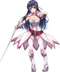 absurdres belt belt_pouch black_hair blue_eyes boots brave_girl_ravens breasts capelet cleavage fingerless_gloves full_body gloves hair_ornament highres kotone_asagiri long_hair medium_breasts outstretched_hand pouch rapier siva_(executor) skirt smile solo sword weapon white_footwear white_legwear 