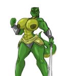  armor big_breasts breasts clothed clothing female half-dressed lizard melee_weapon muscular muscular_female nipples reptile scalie shinysteel solo sword topless unconvincing_armor weapon 