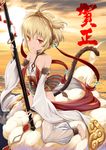  above_clouds andira_(granblue_fantasy) animal_ears antenna_hair bare_shoulders barefoot blonde_hair blurry breasts chestnut_mouth choker depth_of_field detached_leggings detached_sleeves erune feet flying_nimbus granblue_fantasy hair_between_eyes hairband kannazuki_genshi looking_at_viewer monkey_ears monkey_tail red_eyes short_hair sitting small_breasts solo staff tail thighs toes 