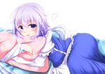  bad_id bad_pixiv_id blue_eyes blue_skirt heart highres letty_whiterock long_sleeves lying on_stomach open_mouth pillow pillow_hug puffy_long_sleeves puffy_sleeves purple_eyes purple_hair shiro_oolong-cha short_hair skirt skirt_set smile solo symbol-shaped_pupils touhou white_background yuki_onna 