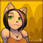  anthro breasts clothed clothing ear_piercing feline female green_eyes hair half-closed_eyes jewelry kittydee looking_at_viewer mammal multicolored_hair necklace piercing simple_background smile solo tattoo two_tone_hair 