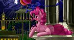 2015 balloon blue_eyes building cloud cutie_mark equine female feral friendship_is_magic fur hair hi_res horse mammal moon my_little_pony outside pink_fur pink_hair pinkie_pie_(mlp) pony ribbons saddnesspony sculpture sky smile solo statue tower tree 