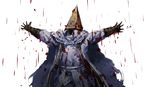  alfred_(bloodborne) blood bloodborne cape gloves helmet highres male_focus outstretched_arms raining_blood ruukii_drift sketch solo spoilers white_background 
