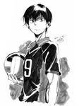  2015 greyscale haikyuu!! kageyama_tobio looking_at_viewer male_focus monochrome signature solo sportswear standing t-okada volleyball 