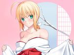  ahoge aqua_eyes artoria_pendragon_(all) bare_shoulders blonde_hair blush branch fate/stay_night fate_(series) japanese_clothes long_hair saber skylader smile snow solo window winter 