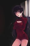  bare_legs black_hair boa_(brianoa) breast_hold breasts cleavage cleavage_cutout crossed_arms curtains highres hime_cut kanoe_yuuko long_hair looking_at_viewer medium_breasts meme_attire open-chest_sweater parted_lips red_eyes red_shirt ribbed_sweater shirt solo sweater tasogare_otome_x_amnesia very_long_hair window 