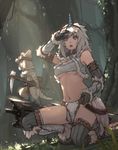  :o animal bandeau bangs bare_shoulders belt blue_eyes breasts cat dappled_sunlight elbow_gloves felyne fur_trim gloves goggles goggles_on_head grass hairband hat horn kirin_(armor) kneeling loincloth long_hair looking_afar medium_breasts midriff monster_hunter mushroom navel open_mouth outdoors shading_eyes sickle solo sunlight thighhighs tree underboob vest weapon white_hair xiao_qiang_(overseas) 